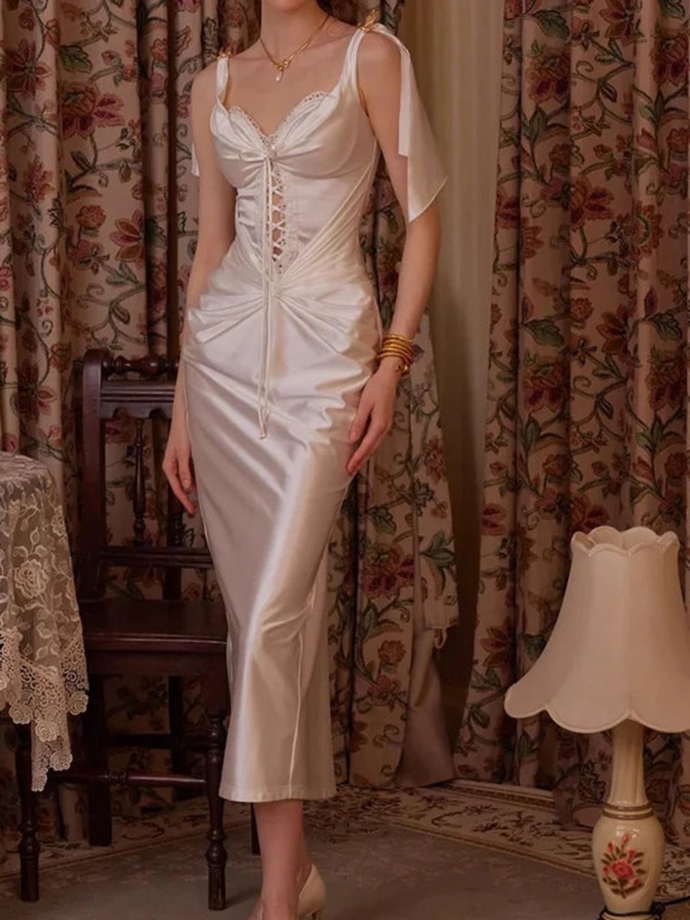 Lace-Up Ivory Satin Wedding Dress with Ruched Detail - Picture 2 of 7
